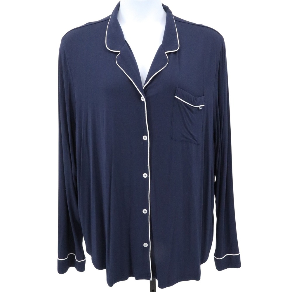 Cozy Earth Contrast Piping Bamboo Long Sleeve Pajama Top Navy 3XL